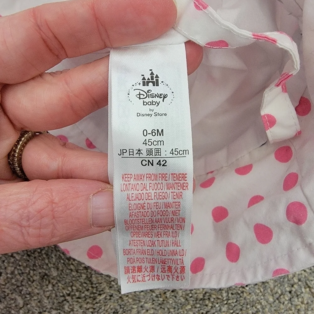 Disney Baby Minnie Mouse Hat Sun Bonnet White Pink Polka Dots 0-6 Months Ribbon
